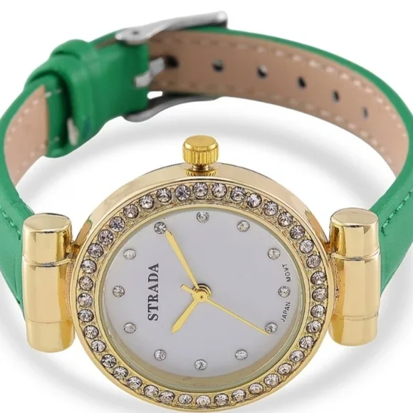 New Strada Austrian Crystal Watch w/ Green Strap & Gold Detailing with Crystals - Picture 4 of 4